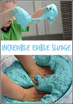 a collage of photos with the words incredible edible sludge in blue and green