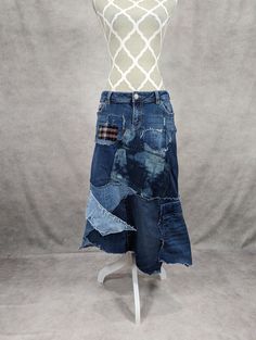 "Upcycled denim patchwork skirt with frayed seams and jagged hem. Waist measures 34\", hips 40\" and length is approximately 28\"-32\"." Model Clothing, Patchwork Denim Skirt, Womens Skirts, Patchwork Skirt, Bleached Denim, Model Outfits, Upcycled Denim, Denim Patchwork, Cute Shirts