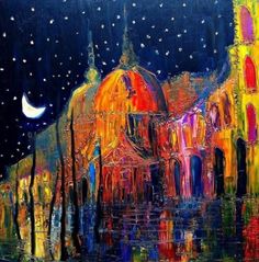 an oil painting of a city at night