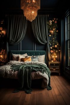 a bedroom with dark walls, wooden floors and a large bed in the middle of it