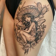 Thigh Tattoos For Women Tattoo Craft Set Eat Tattoos For Women, Women’s Top Thigh Tattoo Ideas, Thigh Tattoos Women Color, Big Thigh Tattoos For Women, Tattoos Powerful, Corpse Bride Tattoo, Thigh Tattoos For Women, Married Couple Tattoos, Bride Tattoo