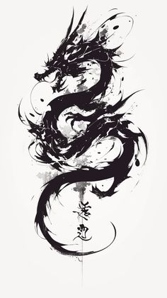 a black and white drawing of a dragon with ink splatters on it's face