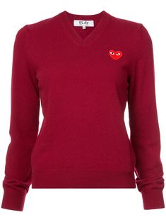 Burgundy wool v-neck heart embroidered sweater from Comme Des Garçons Play featuring a v-neck, long sleeves, a ribbed hem and cuffs, an embroidered logo to the front, a relaxed fit and a jersey knit. Comme Des Garcons Play, Burgundy Sweater, Embroidered Sweater, Knitting Women, Comme Des Garcons, Knitwear Women, Red Sweaters, Knitted Pullover, Size Clothing