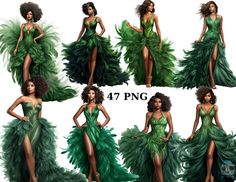 four different poses of a woman in green dress with feathers on her head and legs