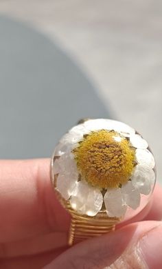 Golden ring with accordion-shaped base. Inside is a real white flower in a circular shape hardened with several layers of resin Flower Mold Rings, Flower Resin Engagement Ring, Wire Dipped Resin Flowers, Ringe Gold, Golden Ring, White Flower, Rings Statement, White Flowers, Favorite Jewelry