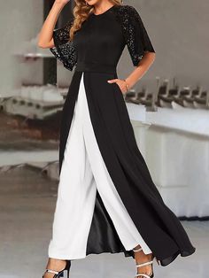 Mujer Mono Estampado Cuello Barco Negocios Trabajo Negocio Corte Recto Ajuste regular Media Manga Negro S M L Otoño 2023 - CAD $50.99 Cotton Blends Dress, Elegant Dresses Long, Printed Jumpsuit, Type Of Pants, Samoa, Zambia, Types Of Dresses, Seychelles, Brunei