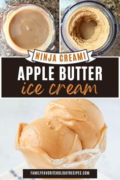 an ice cream recipe in a glass bowl with the words, apple butter ice cream