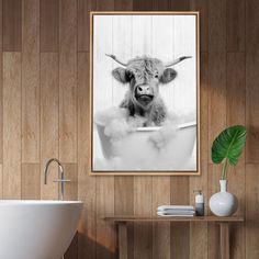 a black and white photo of a cow in a bathtub