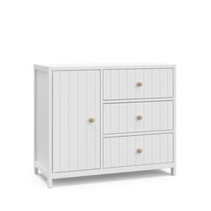 a white dresser with three drawers and two knobs on the front, against a white background