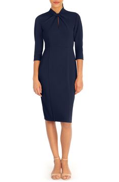 A twist neckline and sheath silhouette with hidden back-zip closure unite to make the perfect day-to-night three-quarter sleeve dress. 43" length (size 8) Twisted neckline 
 Three-quarter sleeves 96% polyester, 4% spandex Machine wash cold, line dry 
 Imported Model stats: 5'10", 32" bust, 25" waist, 36" hip. Model is wearing size 8. Elegant Bodycon Dress With Boat Neck, Fitted Midi Dress With Boat Neck, Elegant Bodycon Dress With Straight Neckline And Back Zipper, Formal Bodycon Dress With Straight Neckline And Back Zipper, Sheath Bodycon Dress With Back Zipper, Cocktail Sheath Bodycon Dress With Back Zipper, Conservative Dress, Conservative Dresses, Three Quarter Sleeve Dresses