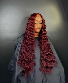 Red Hair Crimps, Pretty Wig Hairstyles, Red Crimped Wig, Middle Part With Crimps, Burgundy Deep Wave, Frontal Wig Hairstyles, Lace Fronts, Wigs Glueless, Lace Frontal Wigs