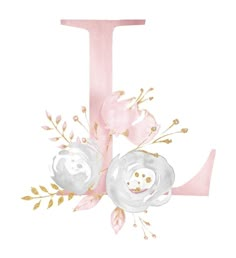 the letter j with flowers and leaves is painted in pastel pinks, white and gold