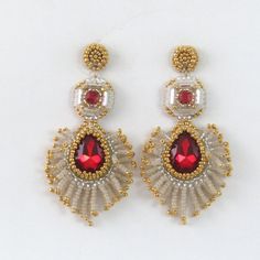 Gorgeous Handcrafted Bead Embroidered Earrings With Short Fringe. Red Swarovski Crystal Framed With 24k Gold Glass And Soft White Gold Lined Beads. Lots Of Swing And Sparkle! Post Style Earrings Backed With Dark Red Ultrasuede (Back Shown In Last Picture). Length: 3" Width: 1 1/2" Handmade Jewelry One Of A Kind Antique Look '" Elegant Red Earrings With Gold Beads, Elegant Red Teardrop Beaded Earrings, Red Handmade Chandelier Earrings For Weddings, Handmade Red Chandelier Earrings For Wedding, Red Embellished Wedding Jewelry, Embroidered Earrings, Dangler Earrings, Turquoise Stud Earrings, Short Fringe