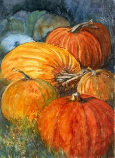 watercolor painting of pumpkins and gourds in a pile on the ground