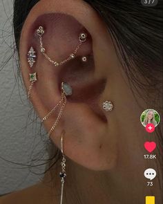 the ear is adorned with different types of piercings