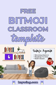 a poster with the words free bitmoji classroom template and an image of a woman standing in front of a couch