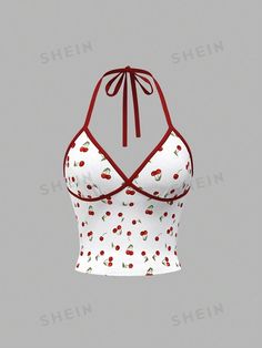 SHEIN ICON Women's Y2k Summer Outfits Color Block Cherry Print Backless Halter Cute Tank Tops | SHEIN USA Cheap Red Tops With Cherry Print, Fitted Y2k Halter Top For Spring, Cherry Top Outfit, Cherry Themed Outfit, Red Y2k Style Crop Top For Spring, Cherry Costume, Y2k Style Cotton Tops With Cherry Print, Trendy Summer Tops With Cherry Print, Y2k Red Crop Top For Summer