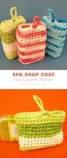 three crocheted baskets are shown with the words spa soap coat written below them