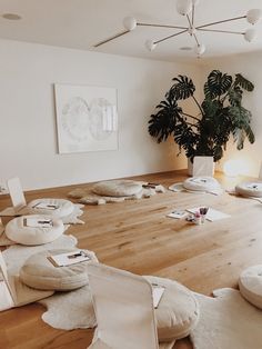 a room with lots of white pillows on the floor and a potted plant in the corner