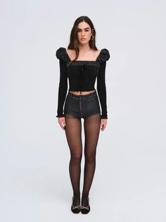 Aliyah Pointelle Top — Black | For Love & Lemons Fitted Black Puff Sleeve Long Top, Fall Ruched Puff Sleeve Top, Black Stretch Puff Sleeve Long Top, Chic Fitted Puff Sleeve Long Top, Chic Fitted Puff Sleeve Long Sleeve Top, Fitted Long Sleeve Puff Sleeve Top For Fall, Fitted Long Sleeve Puff Top For Fall, Trendy Long Sleeve Puff Sleeve Top For Party, Chic Stretch Puff Sleeve Long Top