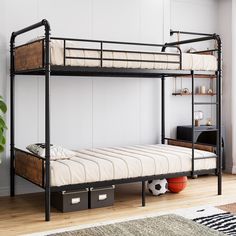 PRICES MAY VARY. Detachable Bunk Bed: Easily transform this bunk bed into two separate twin beds, ideal for maximizing space in kids' rooms, guest rooms, or dormitories. Modern Industrial Elegance: Combining a sturdy metal frame with vintage wood accents, this bed exudes a minimalist and industrial charm that effortlessly complements any interior decor style. Robust Construction: Crafted from high-quality metal with reliable metal slat support, this bunk bed provides a solid foundation for mattr Metal Twin Bed Frame, Black Bunk Beds, Metal Twin Bed, Bunk Beds For Kids, Convertible Bunk Beds, Metal Bunk Bed, Bed Twin, Bunk Bed Designs, Metal Bunk Beds