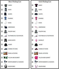 two checklists with clothes and other items on the top one is for boys's clothing