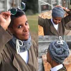 a woman wearing a gray knitted hat and scarf with sunglasses on top of her head