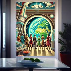 a painting of people standing in front of a window looking at the earth and spaceships