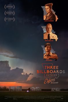 the three billboards movie poster is shown in front of a dark sky with clouds