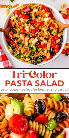 tri color pasta salad in a large serving bowl 3 Color Pasta Salad, Tri Color Pasta Salad, Potluck Favorites, Rotini Pasta Salad, Tri Color Pasta, Bbq Menu, Best Pasta Salad, Rotini Pasta, Potluck Dishes