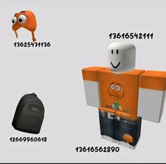 an orange and black robot is standing in front of a bag with numbers on it