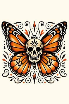 an orange butterfly with a skull on it's back and some swirls around the wings