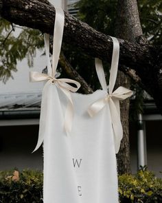 a white dress hanging from a tree with the word w e on it's side