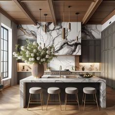 a large kitchen with marble counter tops and wooden flooring, along with white stools