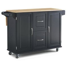 a black kitchen island with two drawers and a butcher block top on casteor wheels