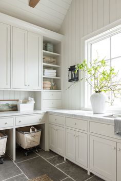 a kitchen with white cabinets and a plant in the window