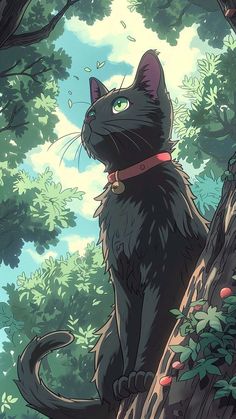 a black cat sitting on top of a tree branch in the forest with green leaves