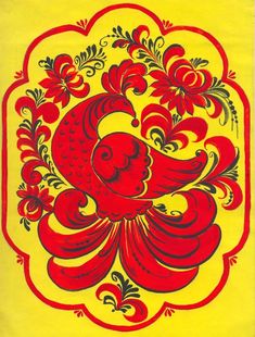 a red and yellow print with an image of a woman's head in the center