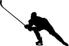 the silhouette of a hockey player is shown in black and white, while holding a stick