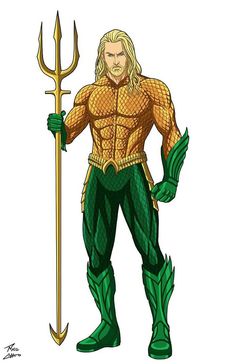 a man in green and gold is holding a spear