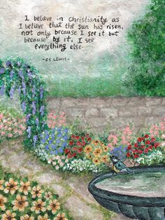 a painting of flowers and a fountain with a bible verse on the wall behind it