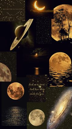 a collage of photos with the moon, stars and planets in different colors on them