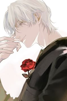 a man with white hair holding a red rose