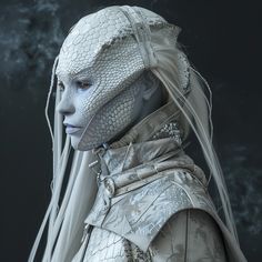 a woman with long white hair and an alien look on her face, wearing a silver outfit