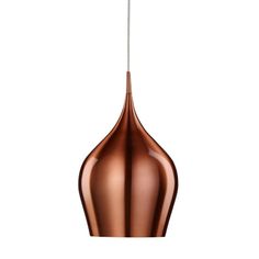 a copper colored pendant light hanging from a ceiling