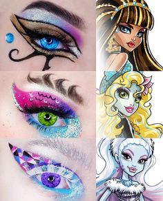 #makeupart #makeupmonsterhigh #monsterhighmakeup #makeupeyes #monsterhighmakeupeyes #frankiesteinmakeup #draculauramakeup #clawdeenmakeup #cleodenilemakeup #lagoonabluemakeup #abbeybominablemakeup Monster High Color Palette, Monster High Makeup Looks, Abby Abominable, Draculaura Makeup, Fantasy Inspo, Glitter Bar, Monster Makeup