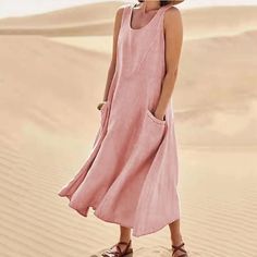 🔥 Last Day Promotion 49% OFF 🔥Women's Sleeveless Cotton And Linen Dress Sleeveless Cotton Dress, Cotton Linen Dresses, Vestidos Vintage, Straight Dress, Khaki Dress, Long Summer Dresses, Look Casual, Sleeveless Maxi Dress, Pocket Dress