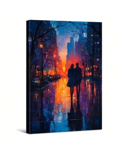 a painting of two people walking down the street at night with an umbrella in hand