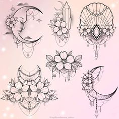 a set of tattoos with flowers and moon designs on it's sides, all in black and white