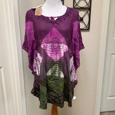 New With Tags Jovi Top With Tie Neck And Butterfly Sleeves. Very Pretty And Comfortable .Top.. Cover Up. Casual Purple Blouse For Beach, Purple Short Sleeve Beach Blouse, Purple Short Sleeve Blouse For Beach, Purple Bohemian Blouse For Vacation, Purple Short Sleeve Blouse For Vacation, Bohemian Purple Blouse For Beach, Witchy Outfits, Butterfly Print Dress, Butterfly Sleeves